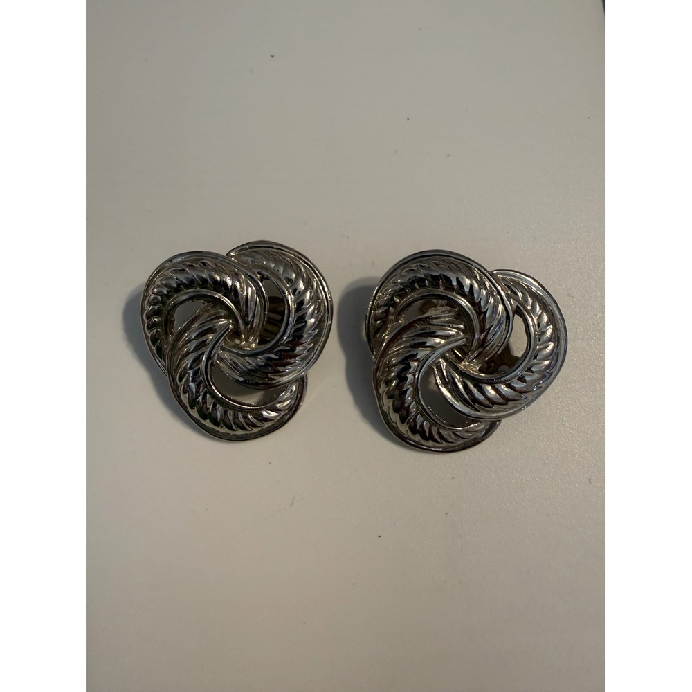 Vintage Silver Tone Triple Swirl Knot Clip On Earrings Textured Ribbed Statement
